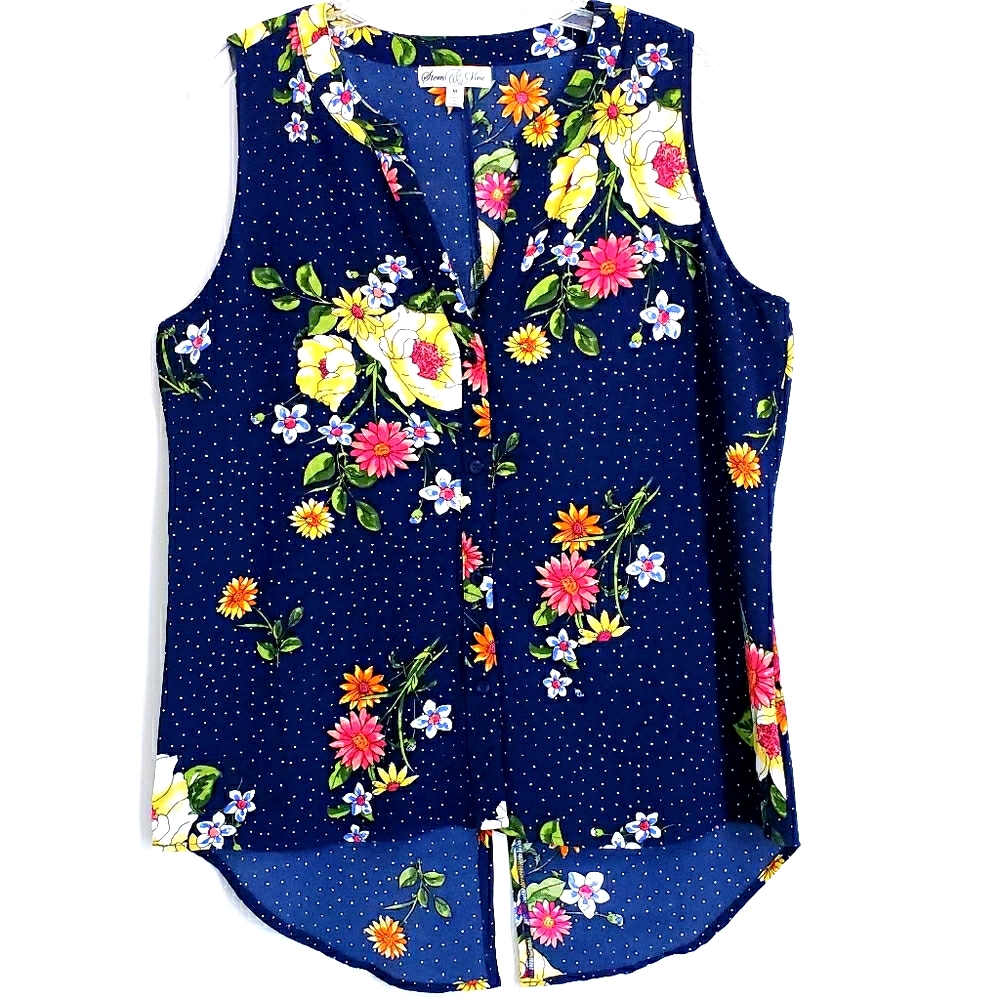 Stem Vine Navy Polka Dot Floral Sleeveless Top